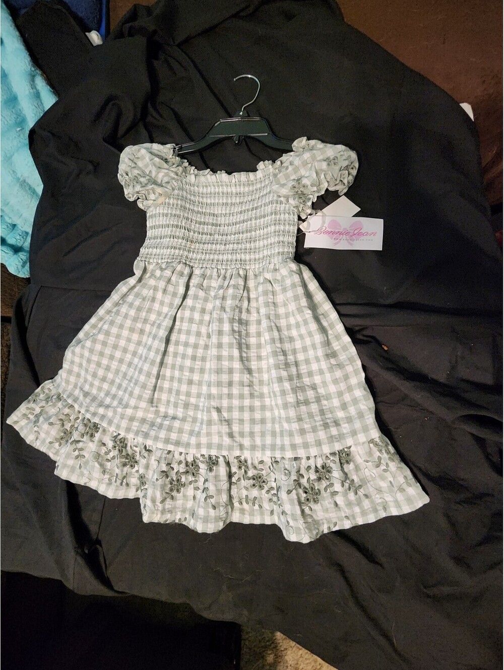 Girls Gingham Dress with Puff Sleeves and Floral Trim